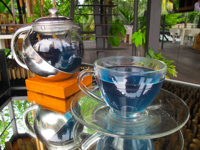 Bangkok Tree House serverer blå te laget av selvdyrkede blomster og urter.